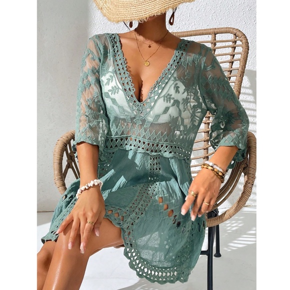 Green Boho Coverup Dress Tunic  Lace Detailed, Sheer, Mesh - Picture 3 of 8